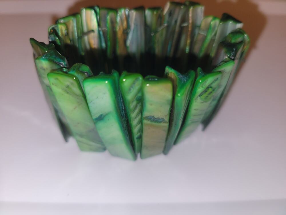 Green Mother of Pearl Abalone Shell Wide Stretch Panel Bracelet Boho